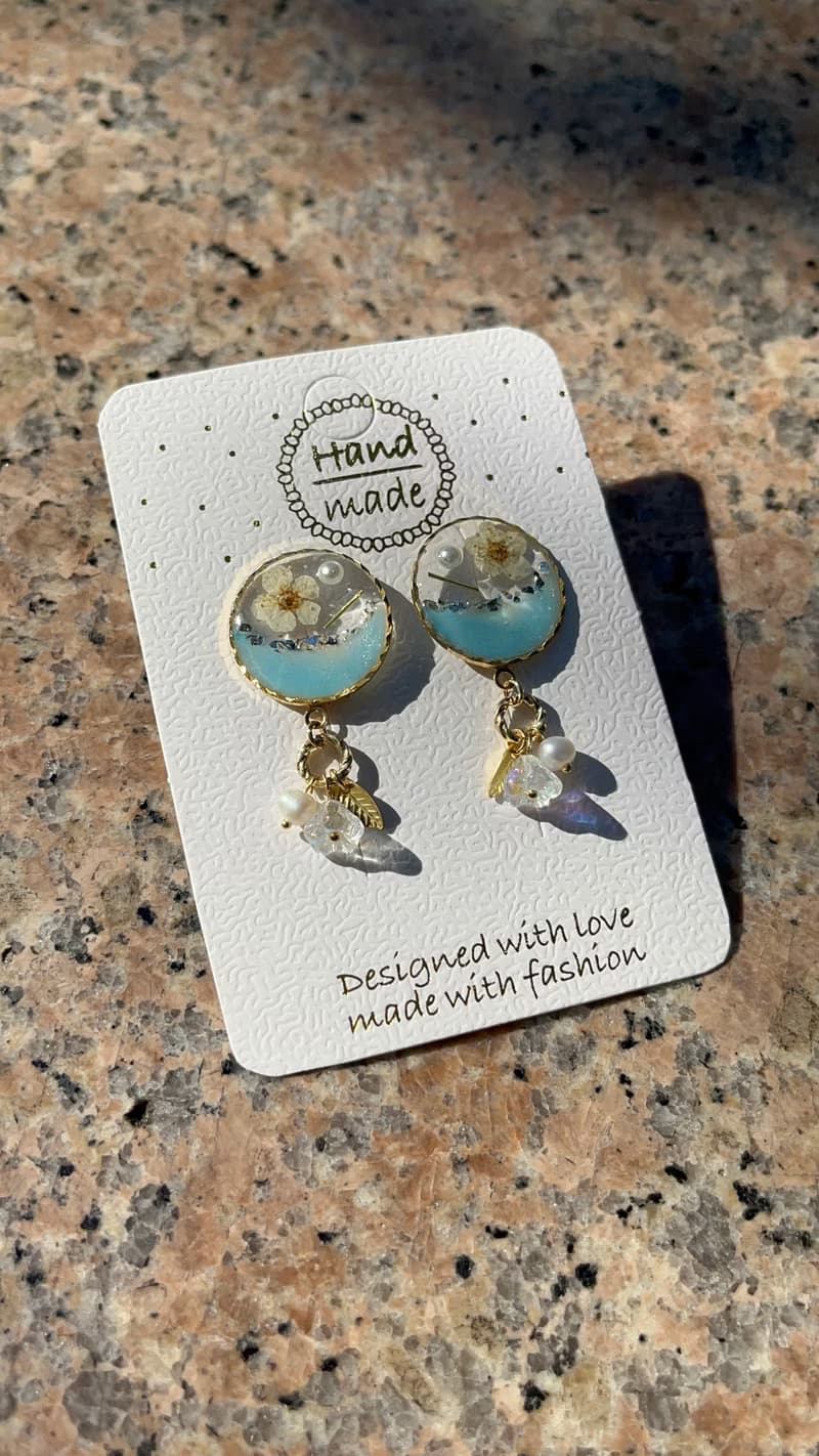 清透感真花耳環-垂墜式/耳針/耳夾/淡水珍珠/捷克珠/14k