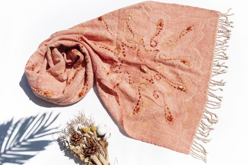 喀什米爾Cashmere/水煮羊毛披肩/針織圍巾/刺繡圍巾/羊絨披巾-花