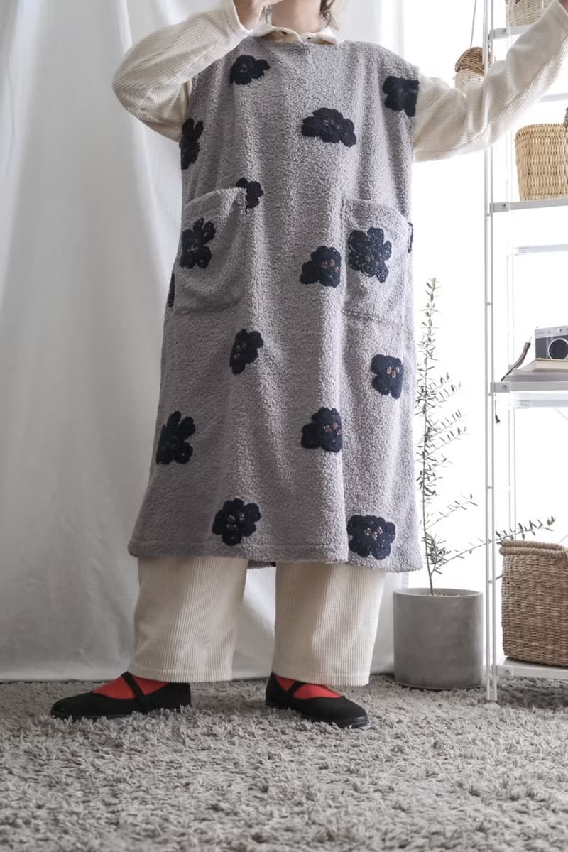 冬天的衣刺繡絨毛藍花長版背心洋裝