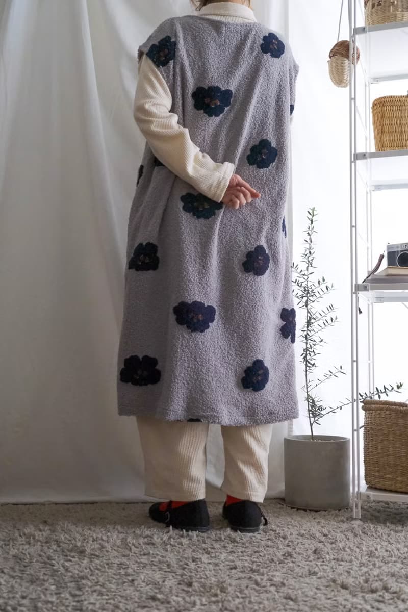 冬天的衣刺繡絨毛藍花長版背心洋裝