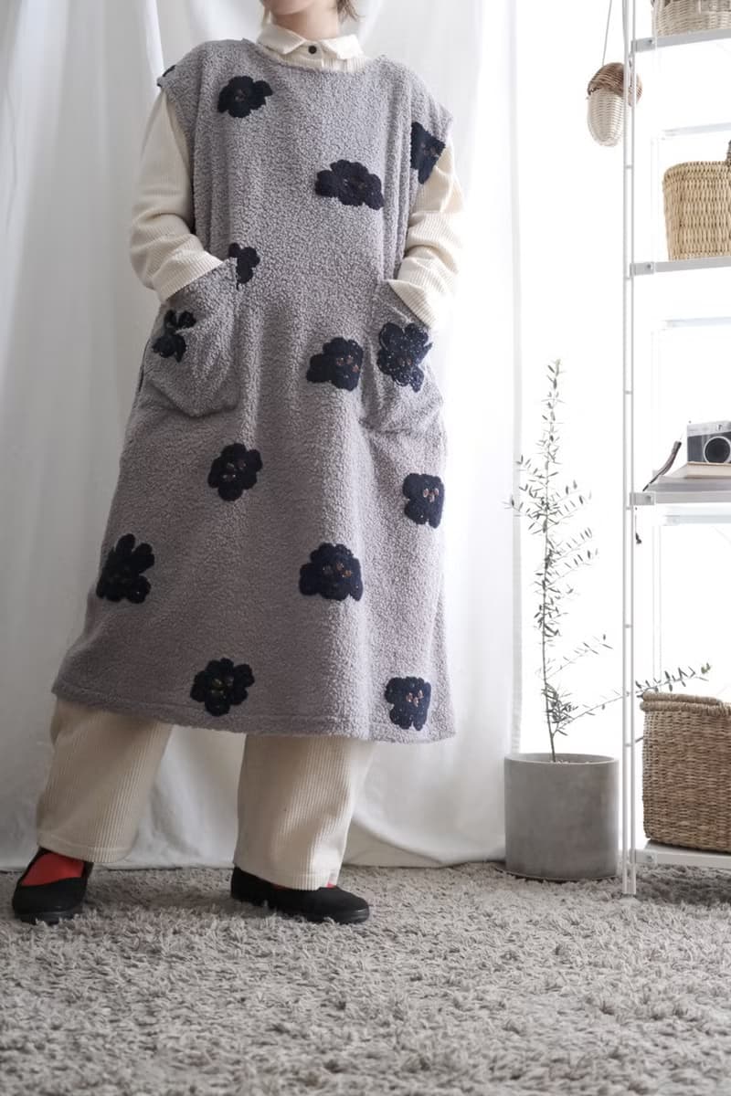 冬天的衣刺繡絨毛藍花長版背心洋裝