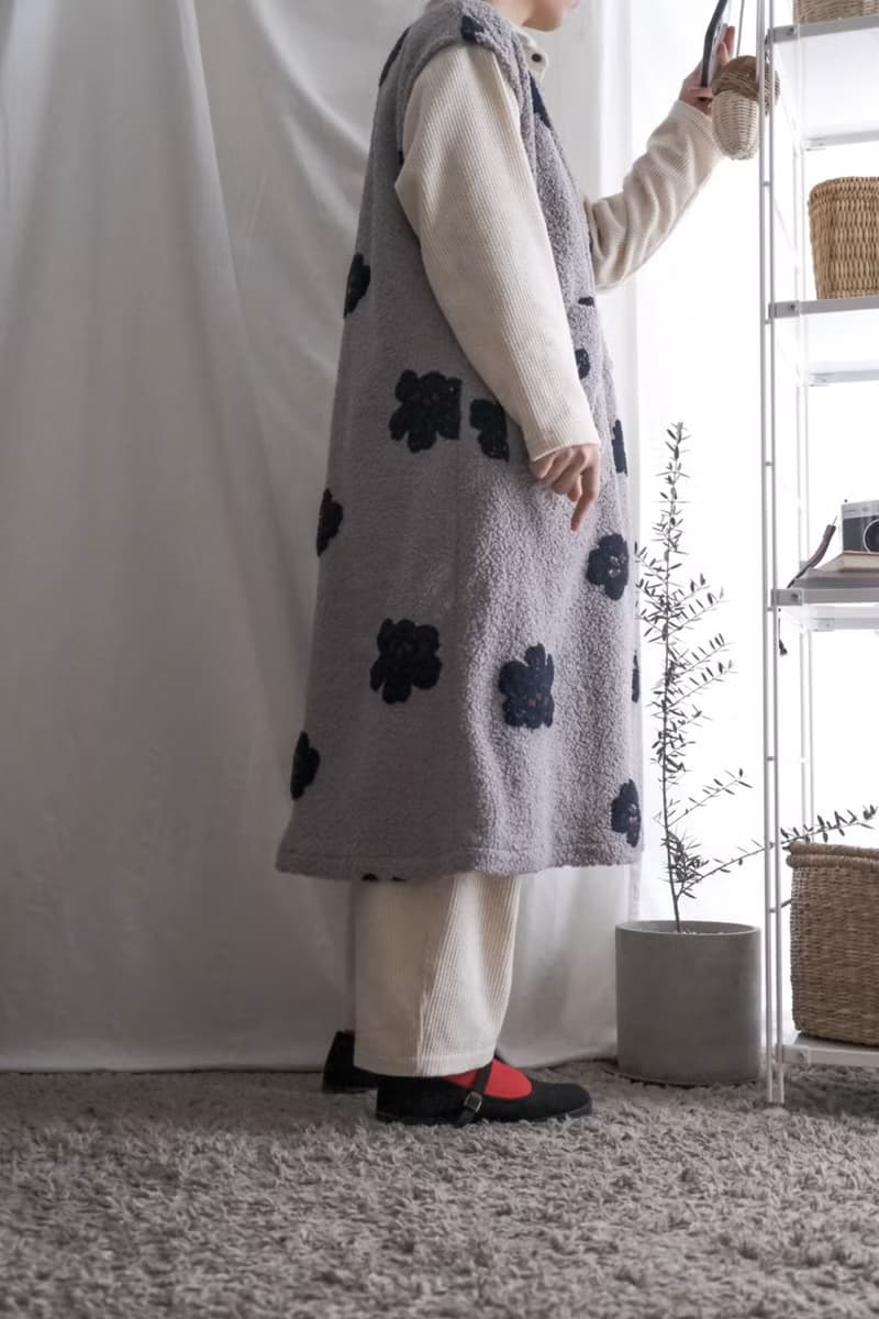 冬天的衣刺繡絨毛藍花長版背心洋裝
