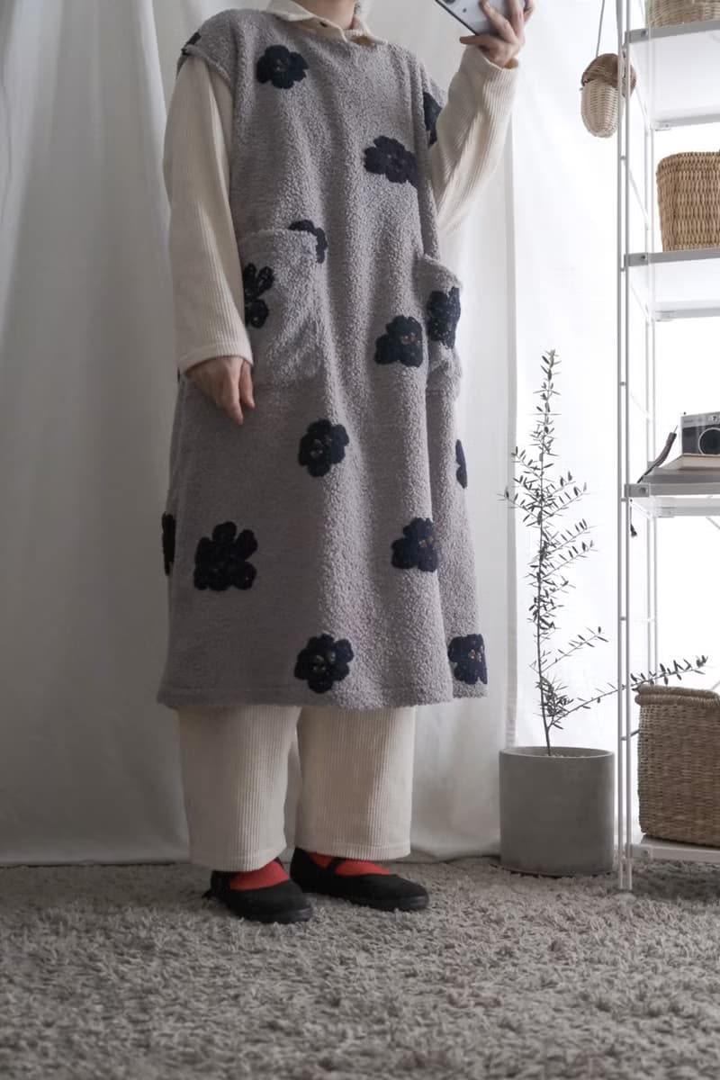 冬天的衣刺繡絨毛藍花長版背心洋裝