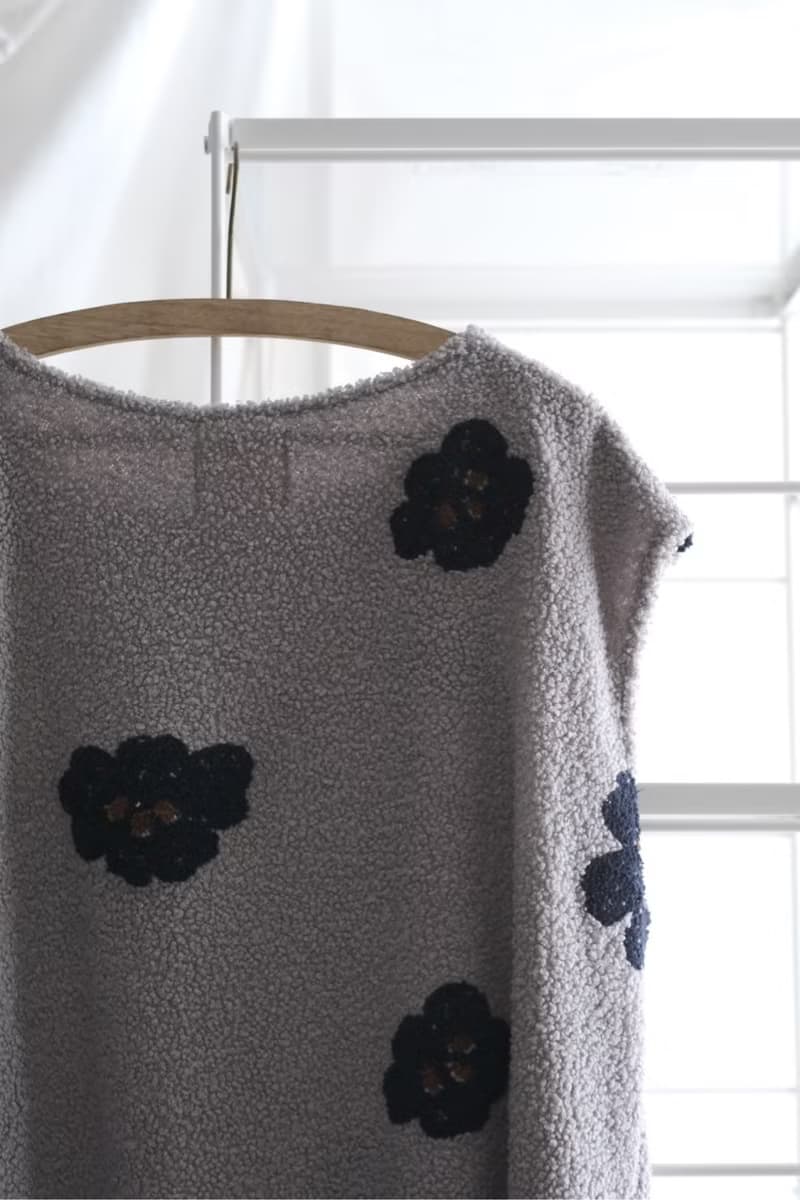 冬天的衣刺繡絨毛藍花長版背心洋裝