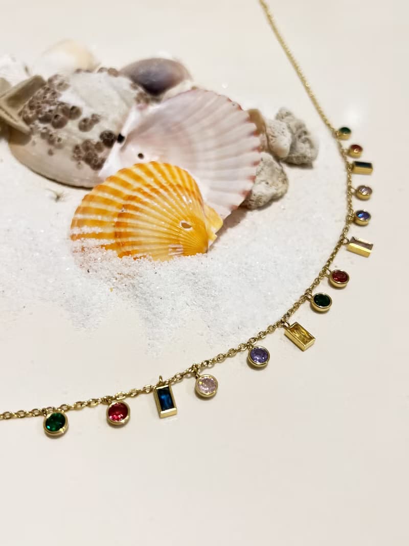 彩虹寶石黃金項鍊 | 七彩寶石金色頸鏈 | 彩色寶石項鏈