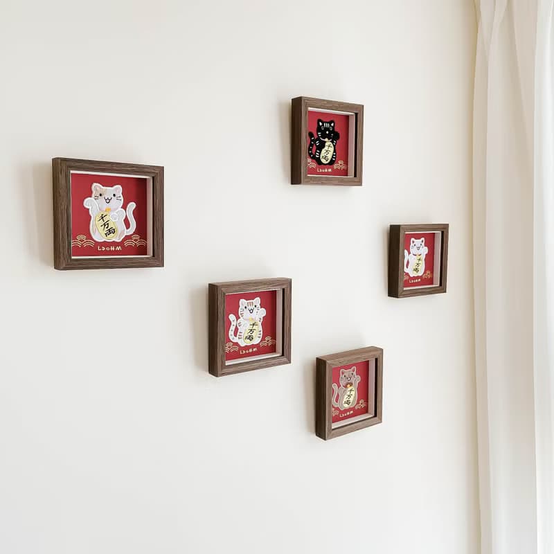 【招財貓】白紋黑貓刺繡畫|實木|招財納福 財源廣進