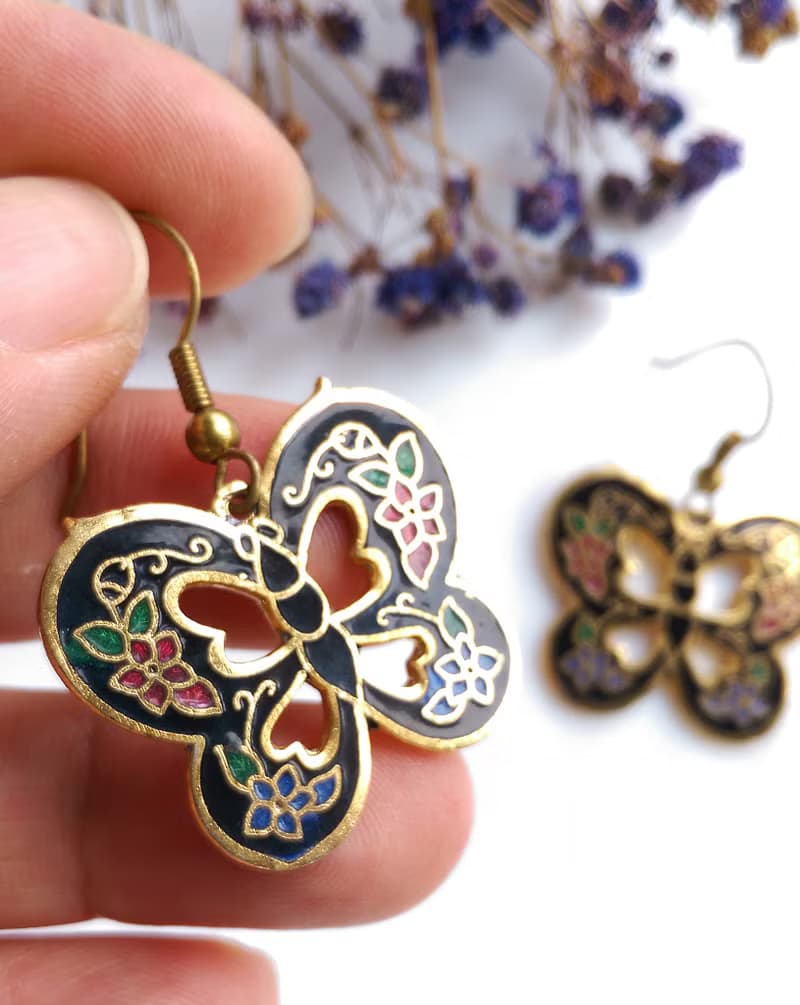 Vintage Jewelry 西洋古董飾品 黑底 蝴蝶 景泰藍 耳勾 針式耳環