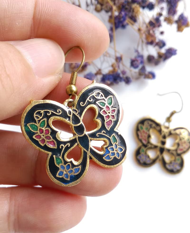 Vintage Jewelry 西洋古董飾品 黑底 蝴蝶 景泰藍 耳勾 針式耳環