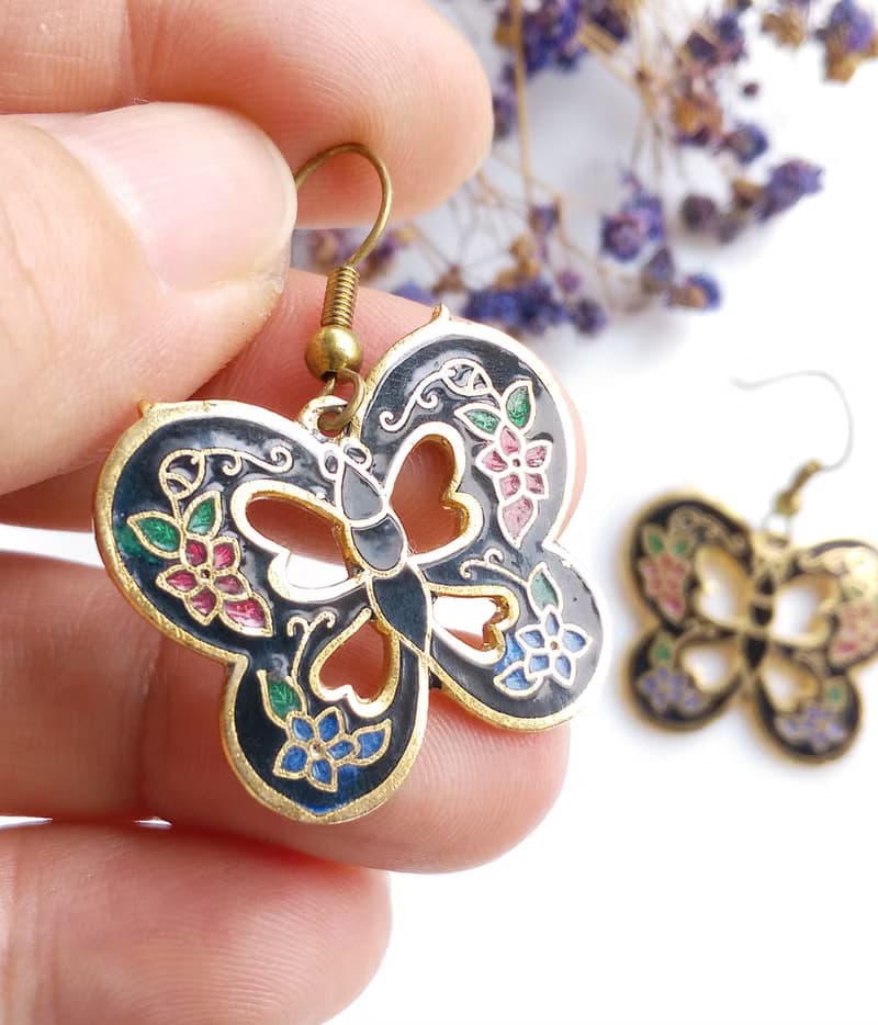 Vintage Jewelry 西洋古董飾品 黑底 蝴蝶 景泰藍 耳勾 針式耳環