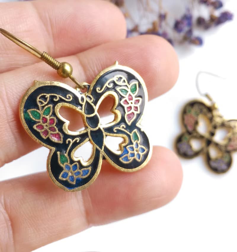 Vintage Jewelry 西洋古董飾品 黑底 蝴蝶 景泰藍 耳勾 針式耳環