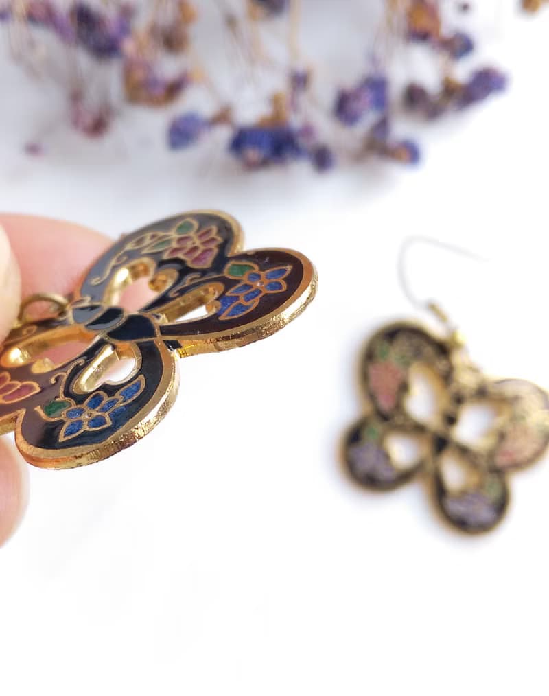 Vintage Jewelry 西洋古董飾品 黑底 蝴蝶 景泰藍 耳勾 針式耳環