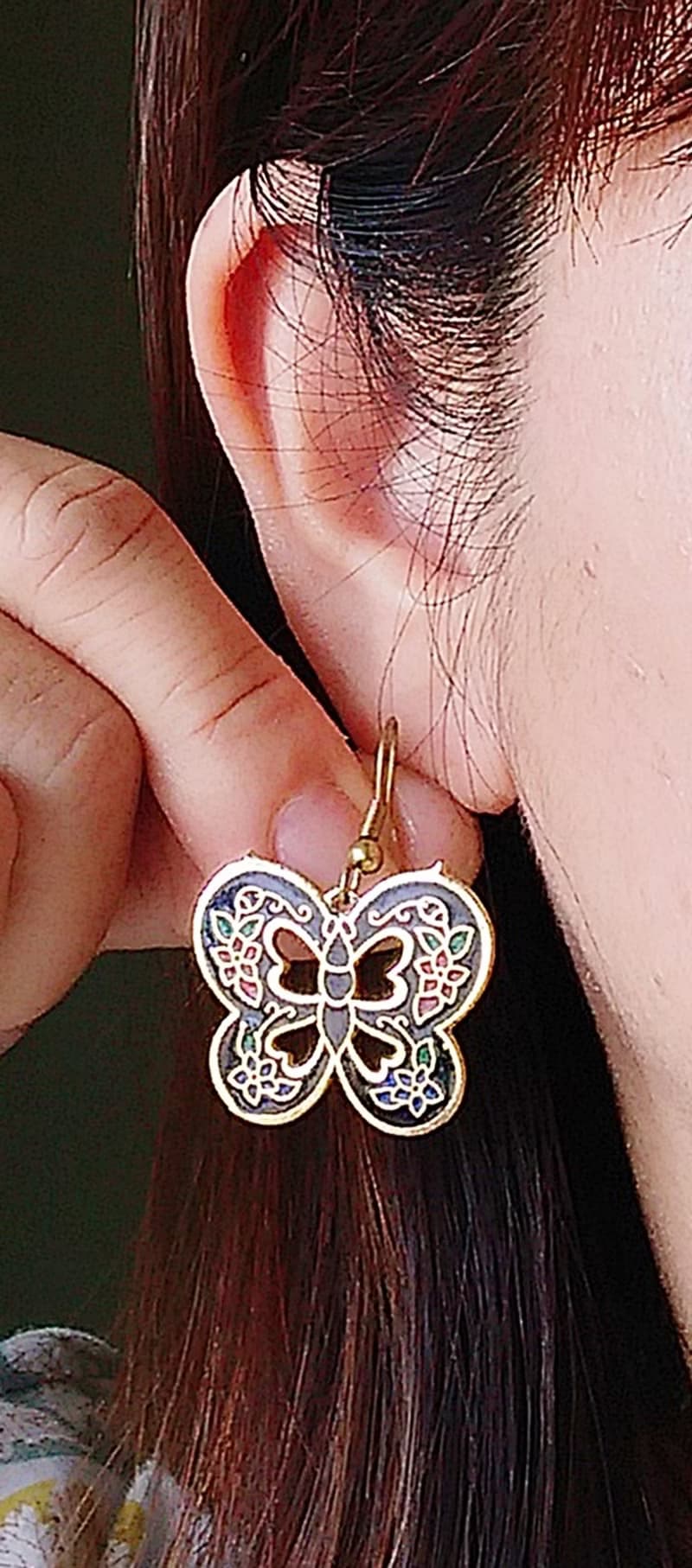 Vintage Jewelry 西洋古董飾品 黑底 蝴蝶 景泰藍 耳勾 針式耳環