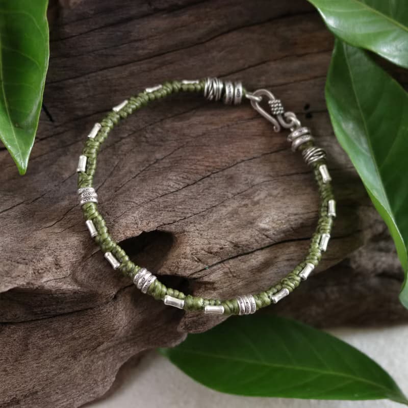 手工蠟線編織手鍊 搭配泰銀珠和扣環 男女適用 純銀飾品 泰國設計