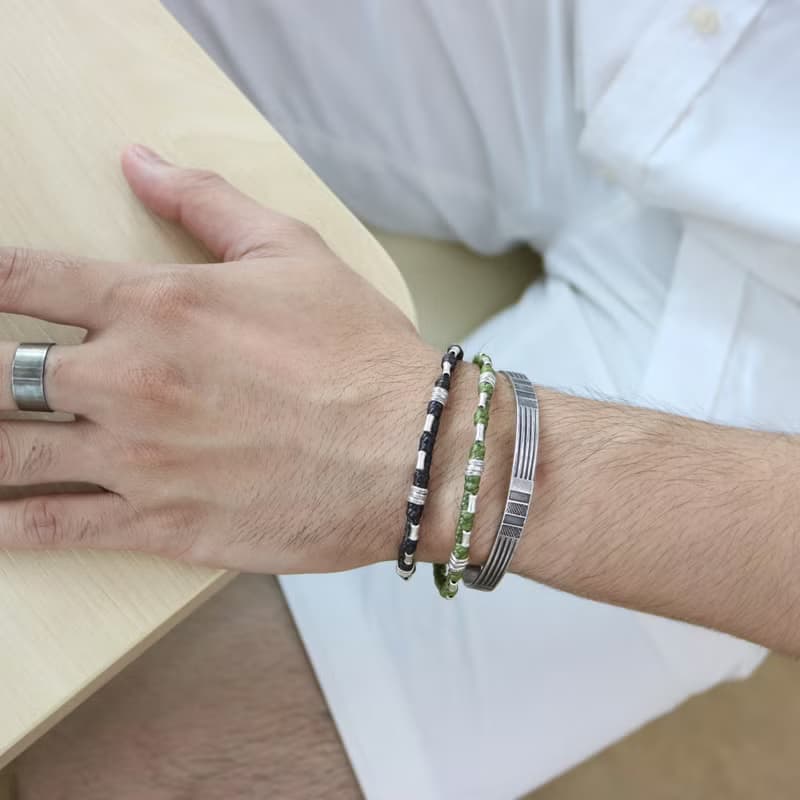 手工蠟線編織手鍊 搭配泰銀珠和扣環 男女適用 純銀飾品 泰國設計