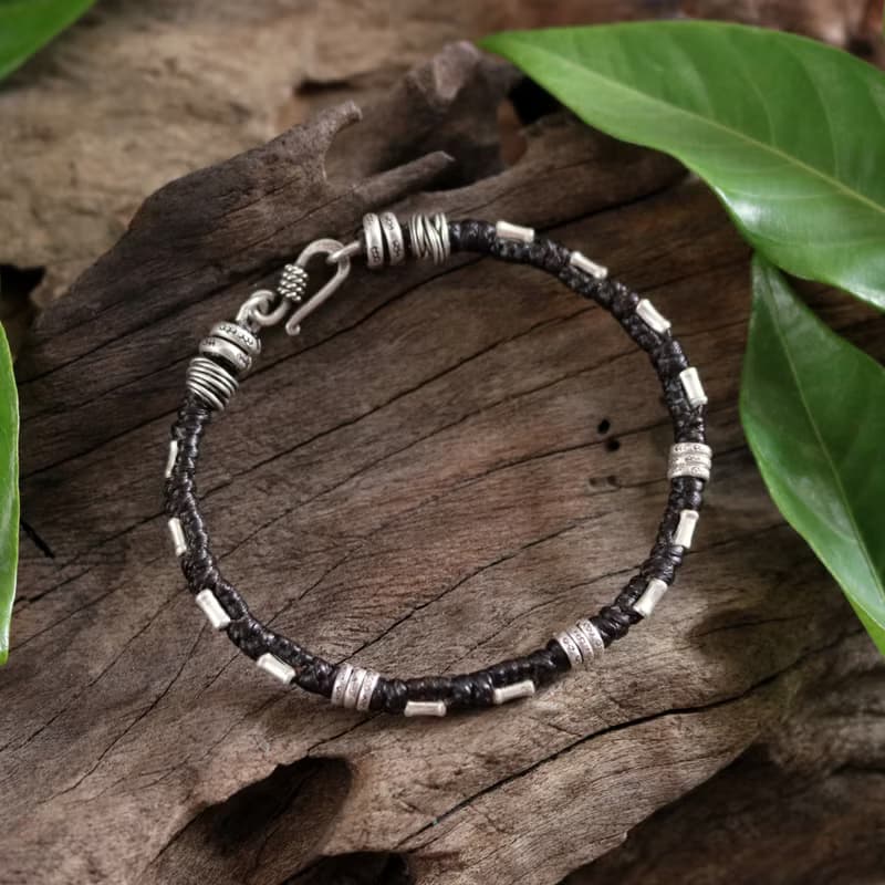 手工蠟線編織手鍊 搭配泰銀珠和扣環 男女適用 純銀飾品 泰國設計