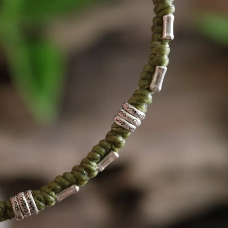 手工蠟線編織手鍊 搭配泰銀珠和扣環 男女適用 純銀飾品 泰國設計