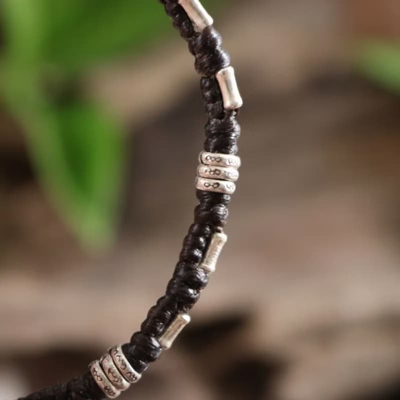 手工蠟線編織手鍊 搭配泰銀珠和扣環 男女適用 純銀飾品 泰國設計