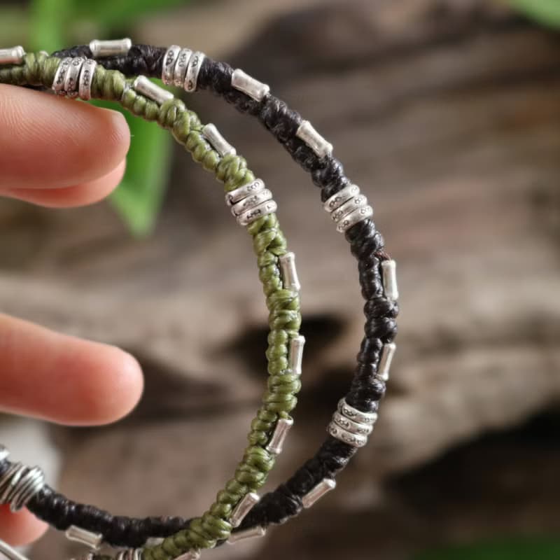 手工蠟線編織手鍊 搭配泰銀珠和扣環 男女適用 純銀飾品 泰國設計