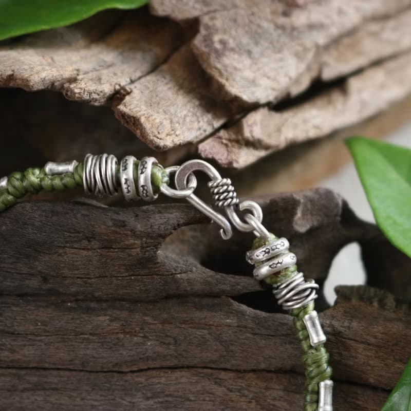 手工蠟線編織手鍊 搭配泰銀珠和扣環 男女適用 純銀飾品 泰國設計