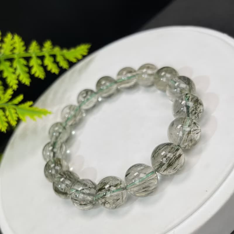 天然綠色碧璽髪晶手串12.5mm冰透綠色髪絲水晶男女正財能量凈化