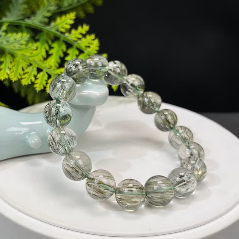 天然綠色碧璽髪晶手串12.5mm冰透綠色髪絲水晶男女正財能量凈化