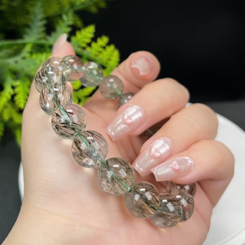 天然綠色碧璽髪晶手串12.5mm冰透綠色髪絲水晶男女正財能量凈化