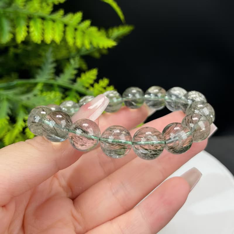 天然綠色碧璽髪晶手串12.5mm冰透綠色髪絲水晶男女正財能量凈化