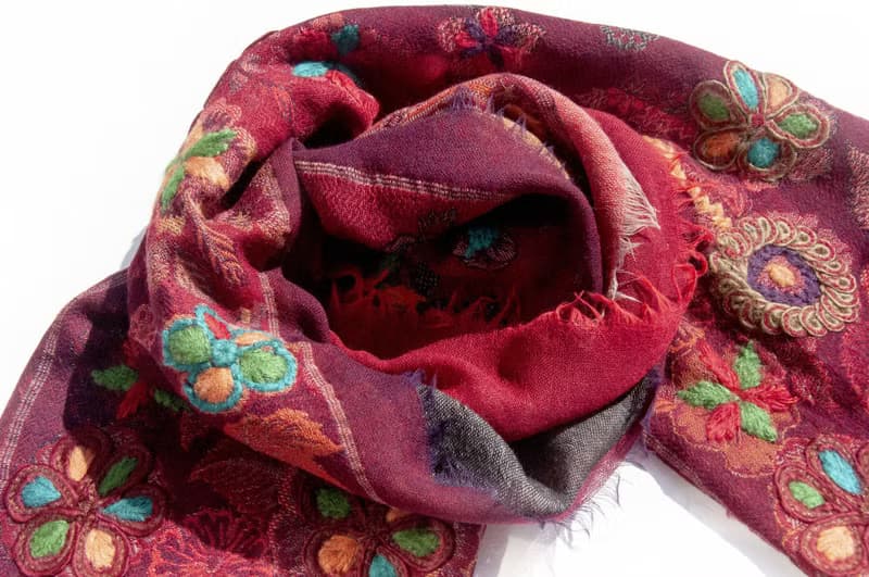 喀什米爾Cashmere/水煮羊毛披肩/針織圍巾/刺繡圍巾/羊絨披巾-花