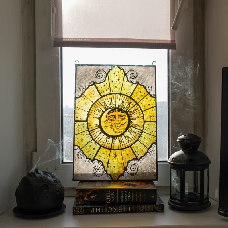 Stained glass panel, Celestial home decor, Star Art, Moon Tarot Art