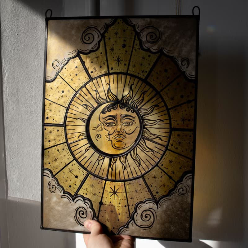 Stained glass panel, Celestial home decor, Star Art, Moon Tarot Art