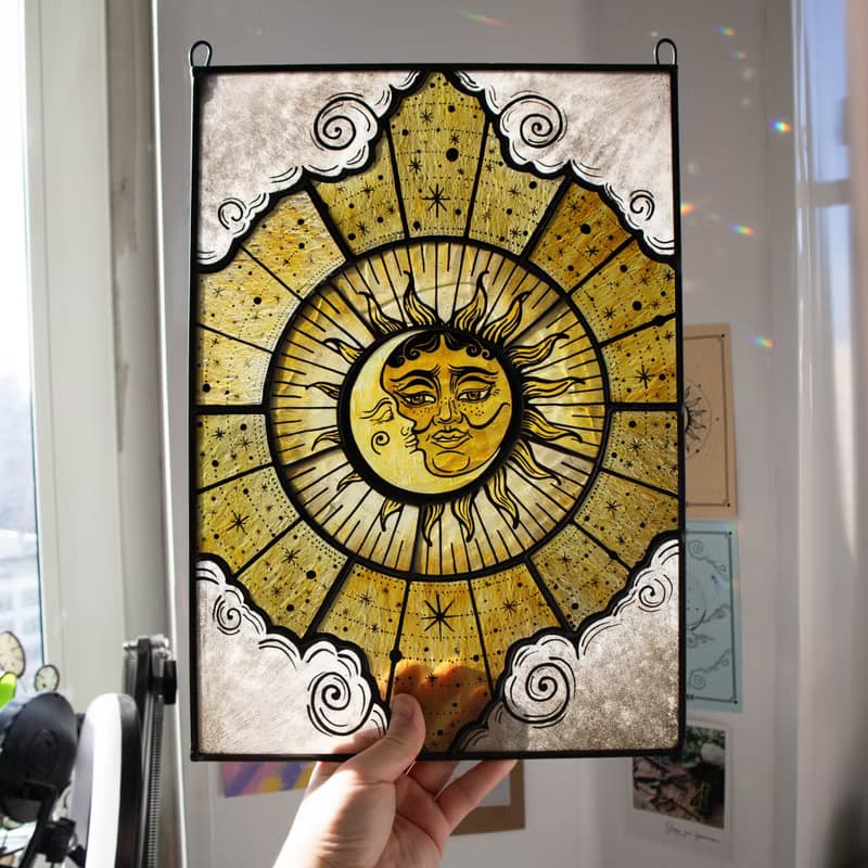 Stained glass panel, Celestial home decor, Star Art, Moon Tarot Art