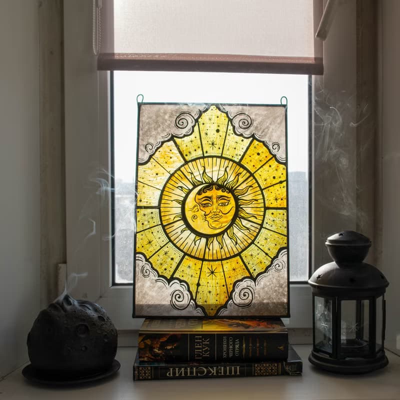 Stained glass panel, Celestial home decor, Star Art, Moon Tarot Art