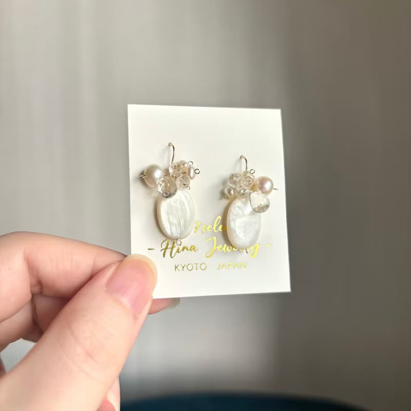 純白Bijoux耳環 14KGF 白貝殻 白水晶 淡水珍珠 / 耳夾