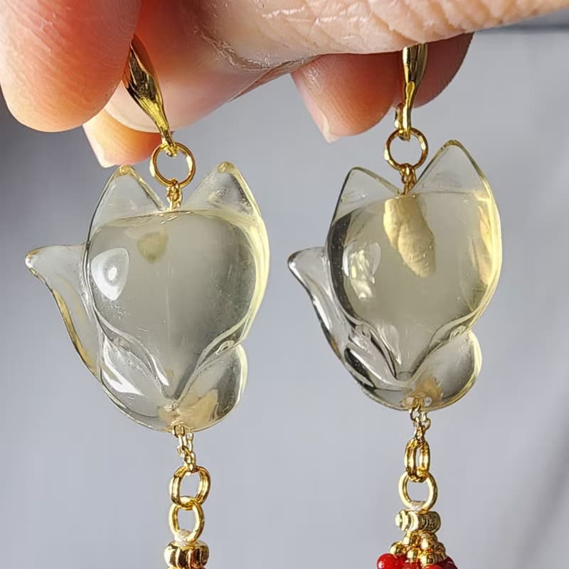 頂級黃水晶 狐狸 狐仙 珊瑚流蘇 招財 桃花 事業 耳環 單品 禮物