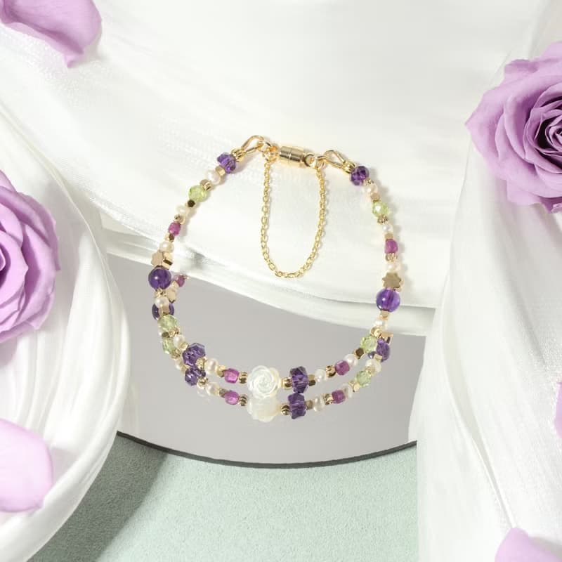 紫色玫瑰花 - 紫水晶 紅寶石 橄欖石 白蝶貝 天然石手鍊