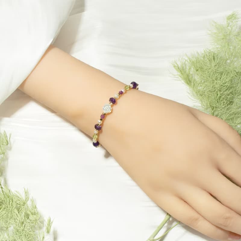 紫色玫瑰花 - 紫水晶 紅寶石 橄欖石 白蝶貝 天然石手鍊