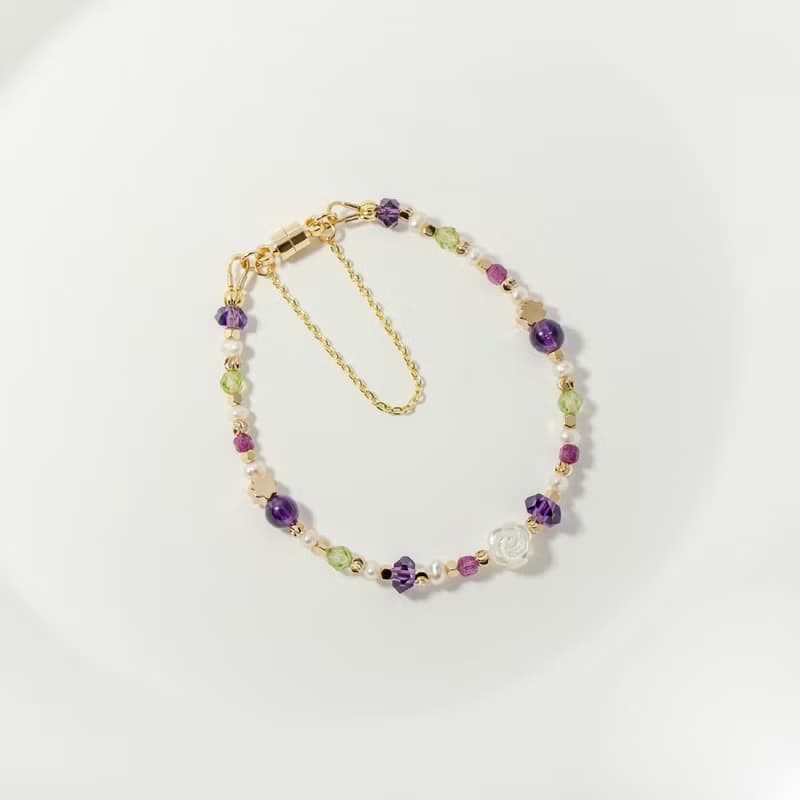 紫色玫瑰花 - 紫水晶 紅寶石 橄欖石 白蝶貝 天然石手鍊