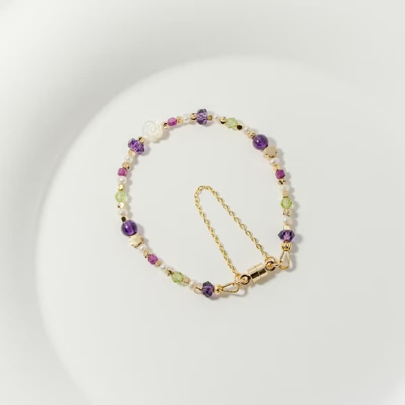 紫色玫瑰花 - 紫水晶 紅寶石 橄欖石 白蝶貝 天然石手鍊