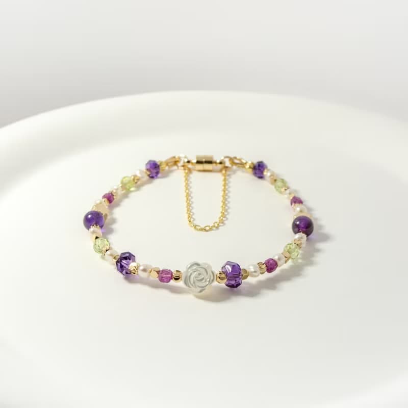 紫色玫瑰花 - 紫水晶 紅寶石 橄欖石 白蝶貝 天然石手鍊