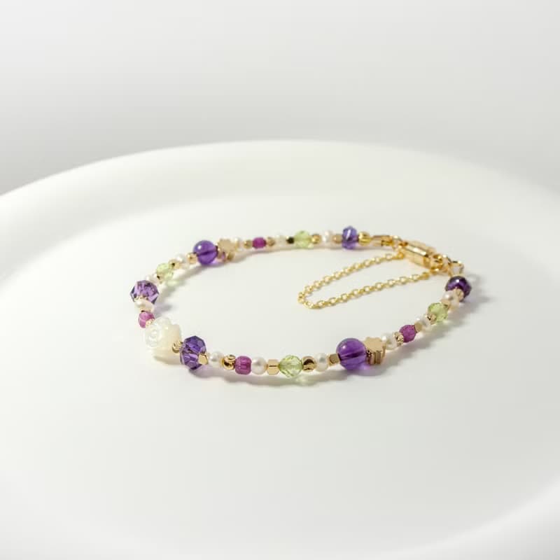 紫色玫瑰花 - 紫水晶 紅寶石 橄欖石 白蝶貝 天然石手鍊