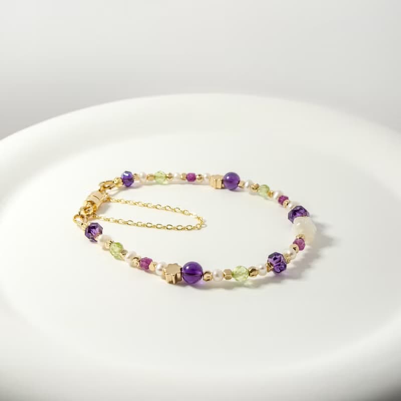 紫色玫瑰花 - 紫水晶 紅寶石 橄欖石 白蝶貝 天然石手鍊