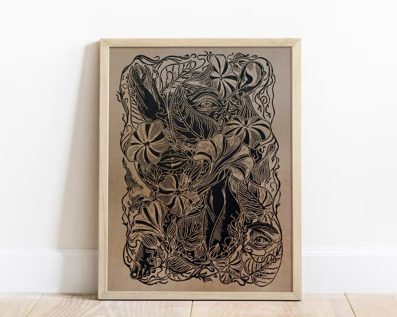 Linocut print Human among nature flowers Original artwork Botanical wall art