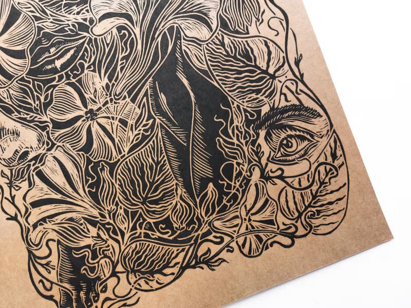 Linocut print Human among nature flowers Original artwork Botanical wall art
