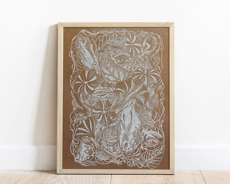 Linocut print Human among nature flowers Original artwork Botanical wall art