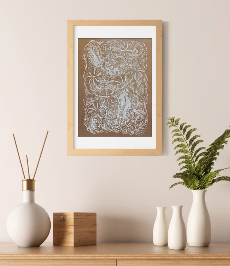 Linocut print Human among nature flowers Original artwork Botanical wall art