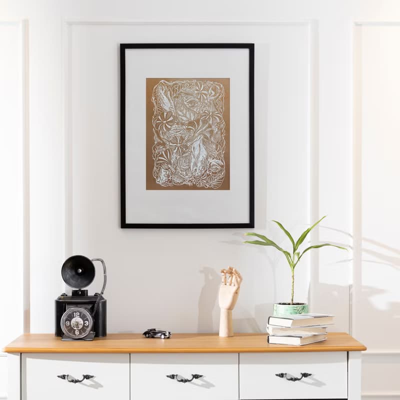 Linocut print Human among nature flowers Original artwork Botanical wall art