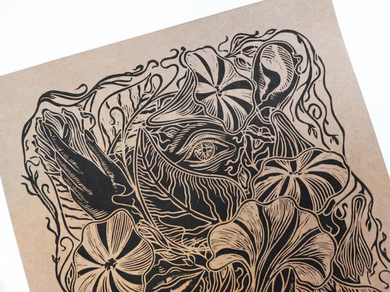 Linocut print Human among nature flowers Original artwork Botanical wall art