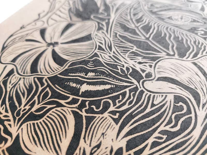 Linocut print Human among nature flowers Original artwork Botanical wall art
