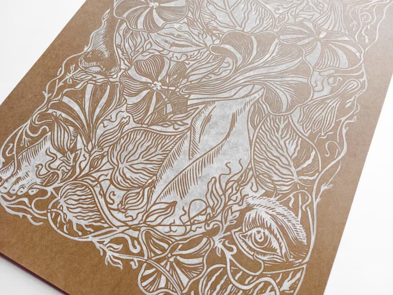Linocut print Human among nature flowers Original artwork Botanical wall art