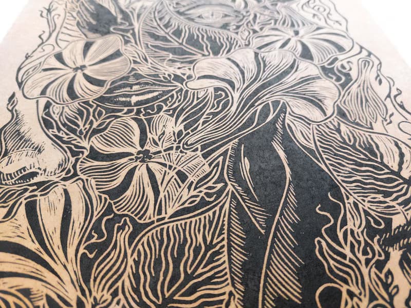Linocut print Human among nature flowers Original artwork Botanical wall art